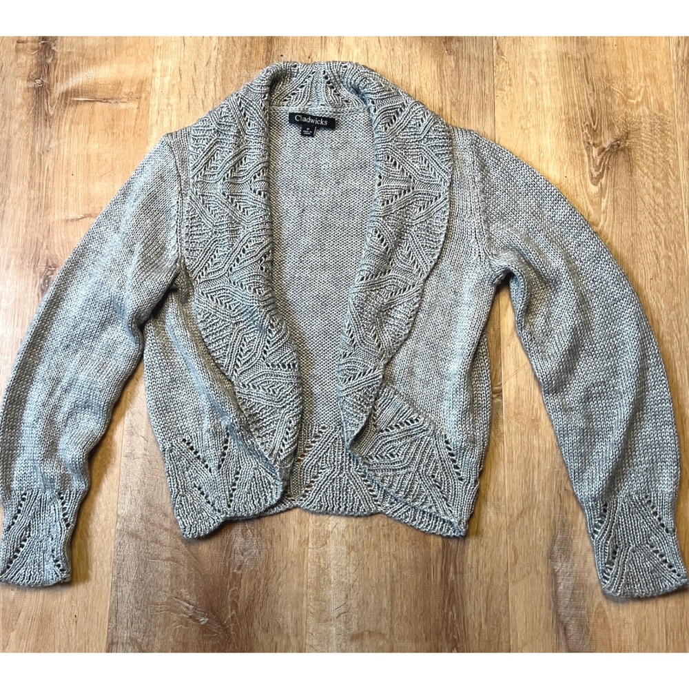 Chadwicks Grey‎ Knit Cropped Cardigan Sweater Shawl Collar Crochet Lace Size M